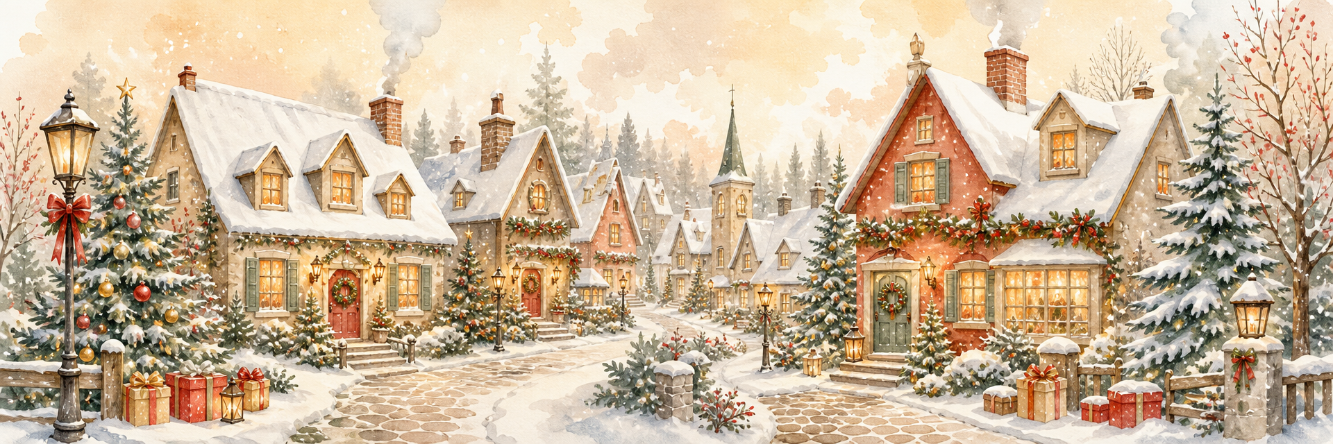 Village enneigé à l'aquarelle avec des maisons illuminées, des sapins et des cadeaux